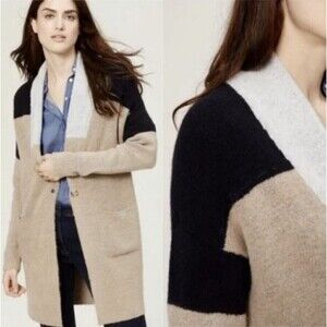 LOFT Italian Yarn Color Block Tan Navy Long Sleeve Button Front Cardigan Sweater